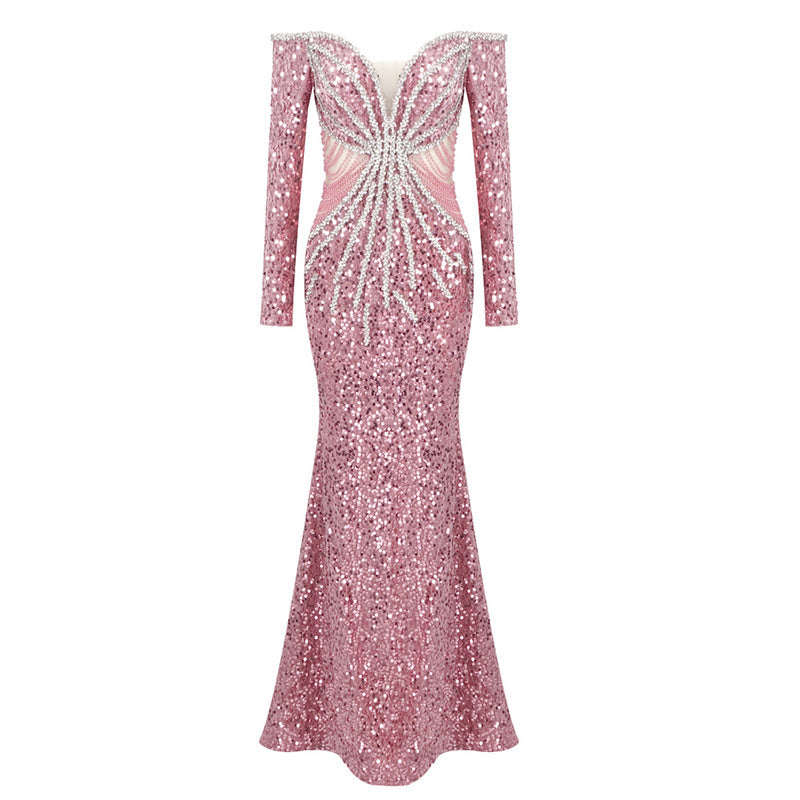 Marigold Long Sleeve Bardot Crystal Sequin Maxi Dress - Hot fashionista