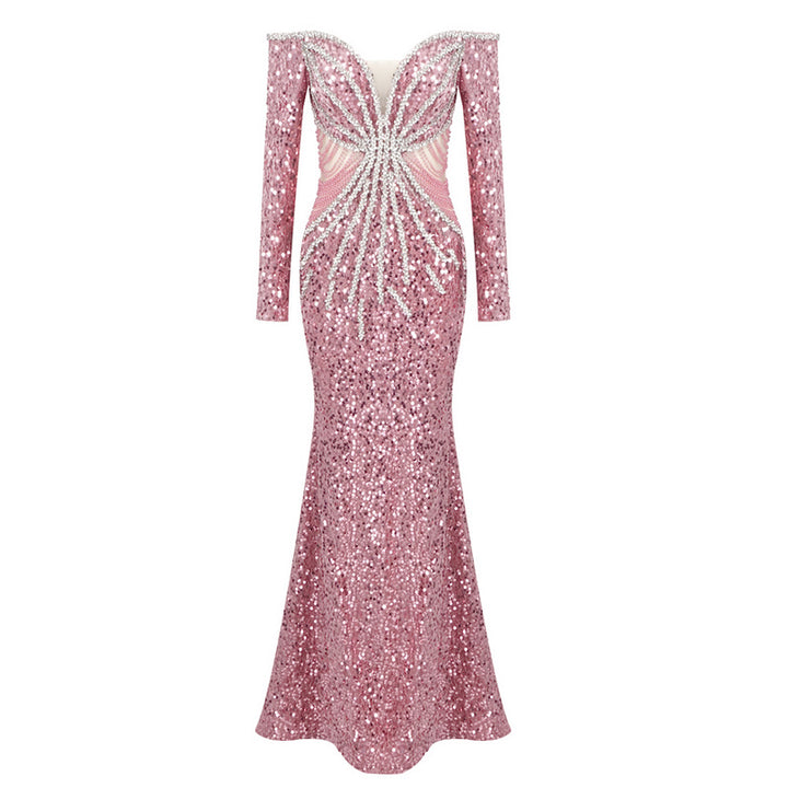 Marigold Long Sleeve Bardot Crystal Sequin Maxi Dress - Hot fashionista