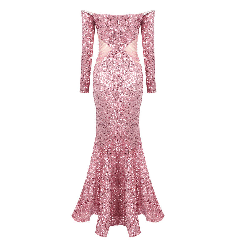 Marigold Long Sleeve Bardot Crystal Sequin Maxi Dress - Hot fashionista