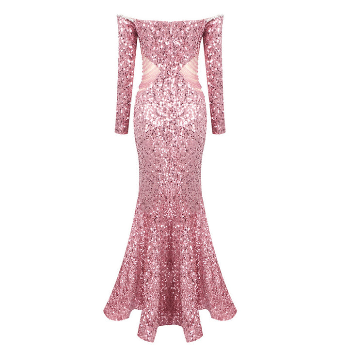 Marigold Long Sleeve Bardot Crystal Sequin Maxi Dress - Hot fashionista