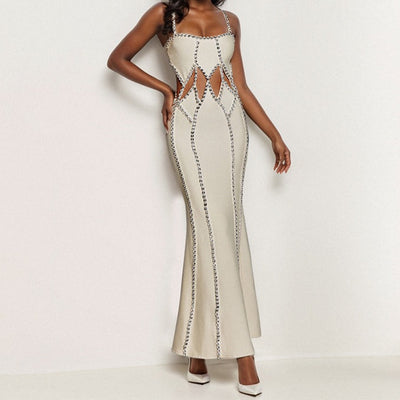 Hot Fashionista Martha  Spaghetti Strap Cut Out Diamond Embellished Maxi Dress