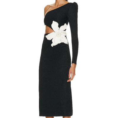 Hot Fashionista Milly One-Shoulder Flower Applique Midi Dress