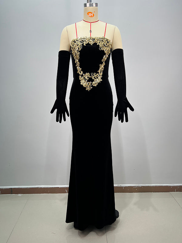 Monroe Strapless Velvet Maxi Dress with Gold Appliqué - Hot fashionista