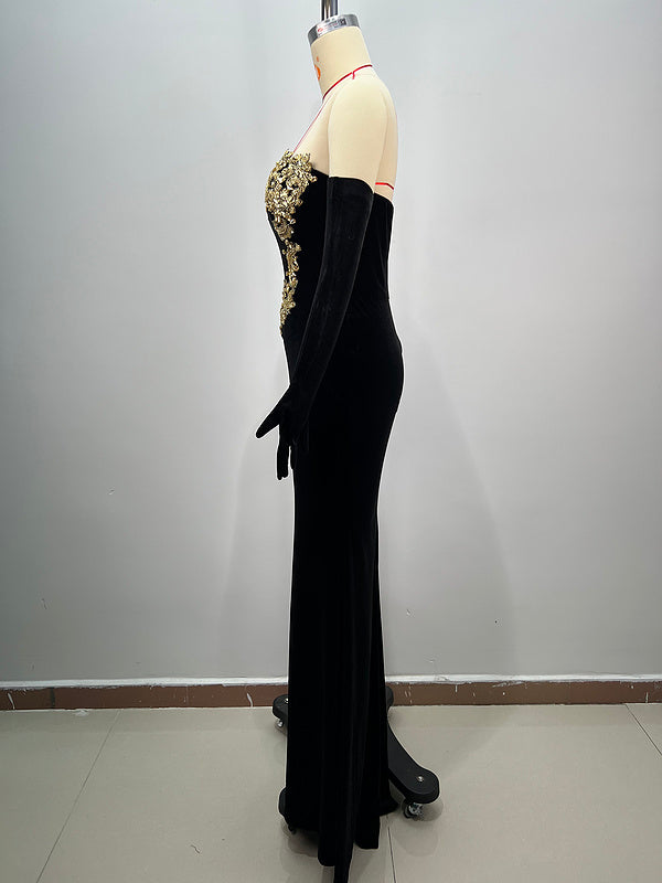 Monroe Strapless Velvet Maxi Dress with Gold Appliqué - Hot fashionista