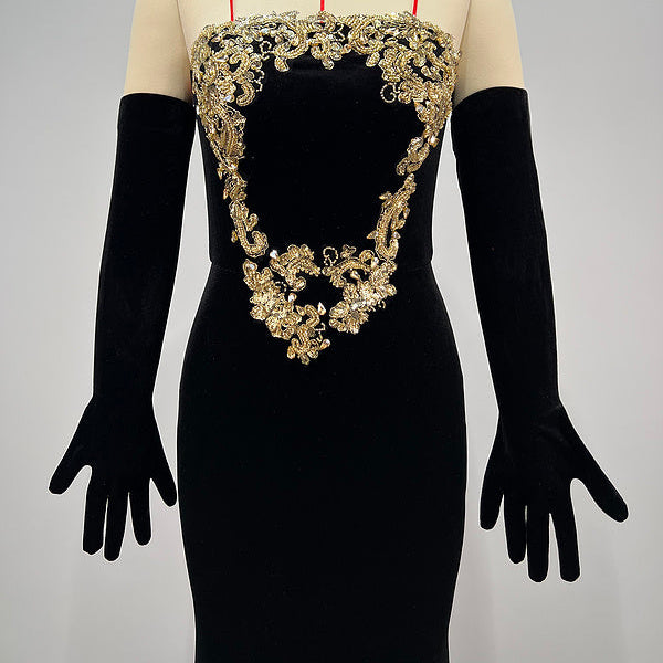 Monroe Strapless Velvet Maxi Dress with Gold Appliqué - Hot fashionista