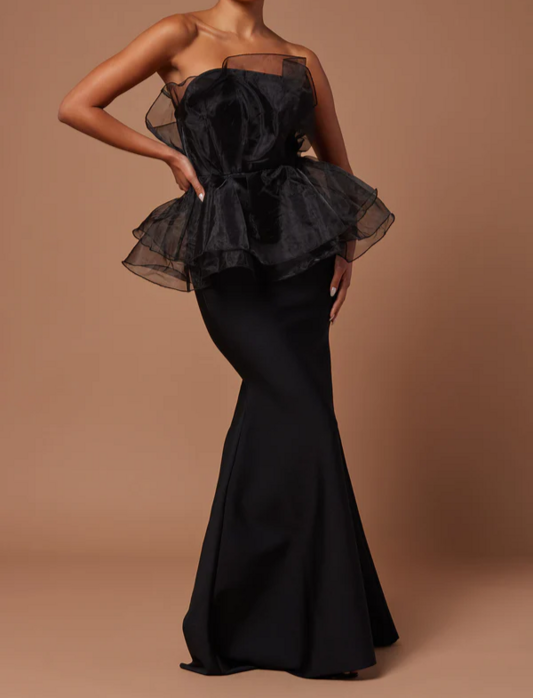 Moxie Strapless Long Mermaid Dress with Ruffle Accents - Hot fashionista