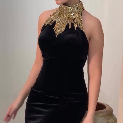 Navy Golden Halter Velvet Dress - Hot fashionista