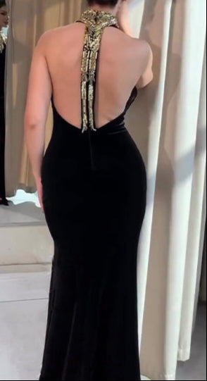 Navy Golden Halter Velvet Dress - Hot fashionista