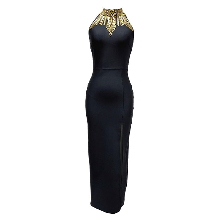 Navy Golden Halter Velvet Dress - Hot fashionista