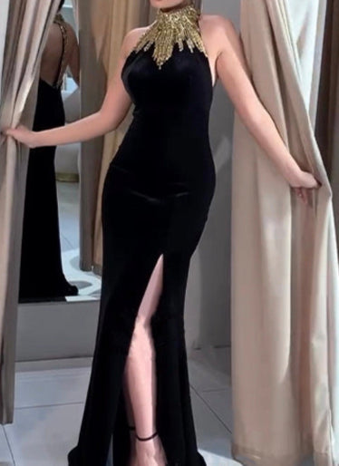 Navy Golden Halter Velvet Dress - Hot fashionista