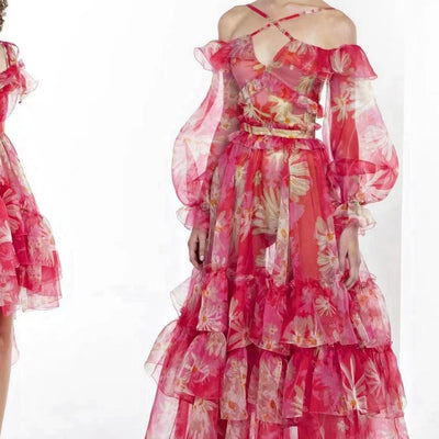 Hot Fashionista Norabel  Off-the-Shoulder Floral Silk Organza Ruffle Maxi Dress