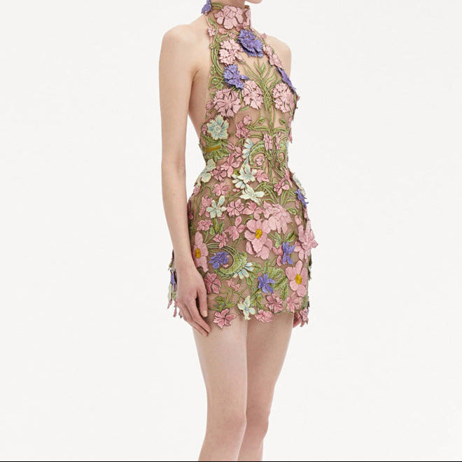Nori Halter Flower Embroidery Mini Dress - Hot fashionista