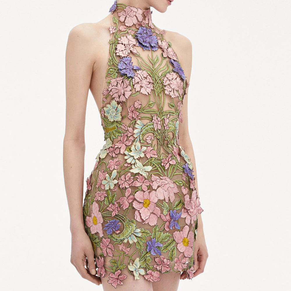 Nori Halter Flower Embroidery Mini Dress - Hot fashionista