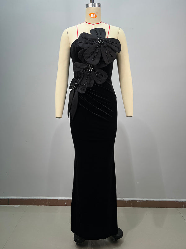 Paloma Strapless Floral Detail Maxi Velvet Dress - Hot fashionista