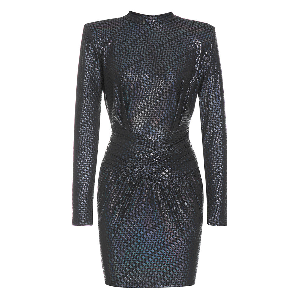Pamela Long Sleeve Round Neck Leather Wrapped Mini Dress - Hot fashionista