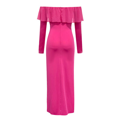 Pinky Long Sleeve Side Slit Ruffle Midi Dress - Hot fashionista