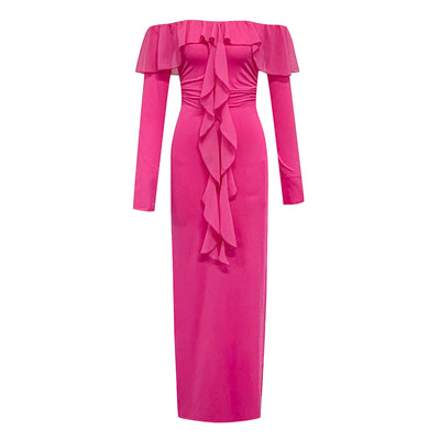 Pinky Long Sleeve Side Slit Ruffle Midi Dress - Hot fashionista