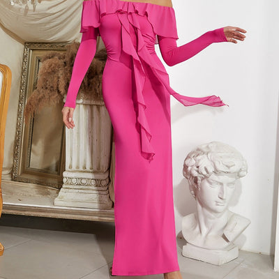 Hot Fashionista Pinky Long Sleeve Side Slit Ruffle Midi Dress