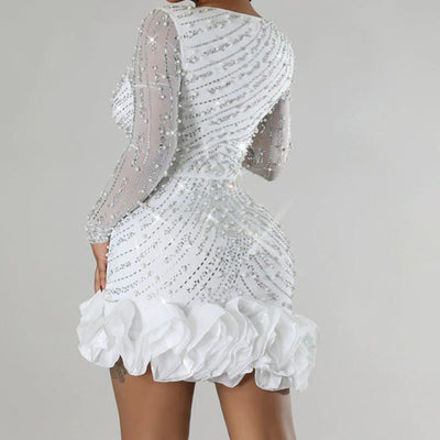 Quinn Long Sleeve Sequined Ruffle Hem Mini Dress - Hot fashionista