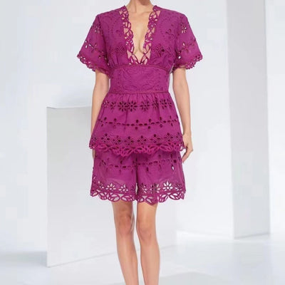 Hot Fashionista Ramona Short Sleeve V Neck Layered Lace Mini Dress