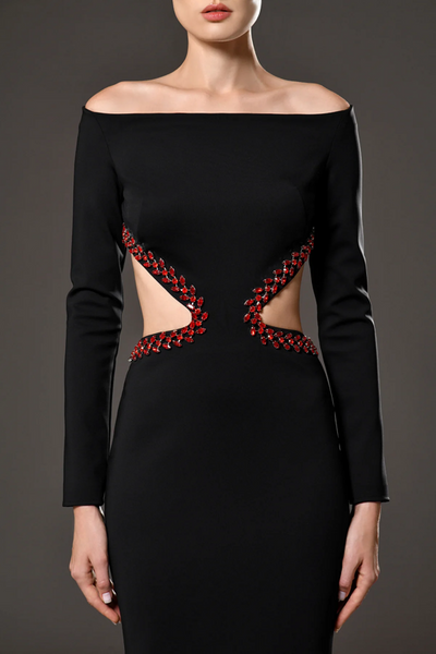 Regina black maxi dress featuring red crystal embroidery on the waist cut-out and back - Hot fashionista