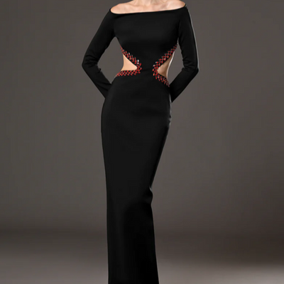 Hot Fashionista Regina Long Sleeve Off Shoulder Side Cut Out Maxi Dress