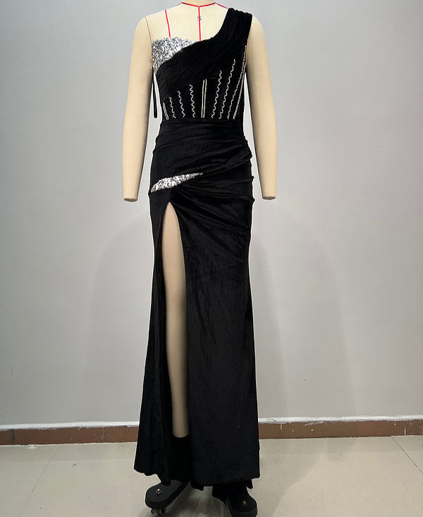 Renata One-Shoulder Ruched Maxi Dress with Rhinestones & Pearls - Hot fashionista