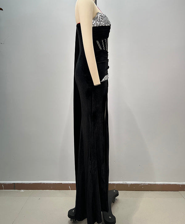 Renata One-Shoulder Ruched Maxi Dress with Rhinestones & Pearls - Hot fashionista