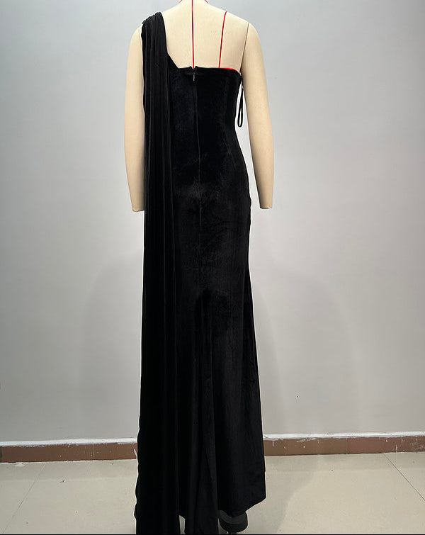 Renata One-Shoulder Ruched Maxi Dress with Rhinestones & Pearls - Hot fashionista