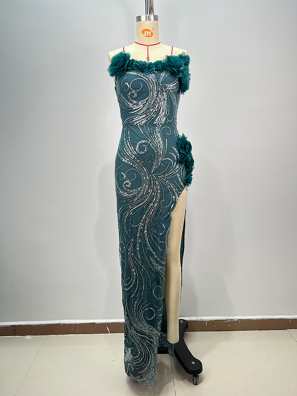 Renley Off Shoulder Floral Rhinestone Slit Maxi Dress - Hot fashionista