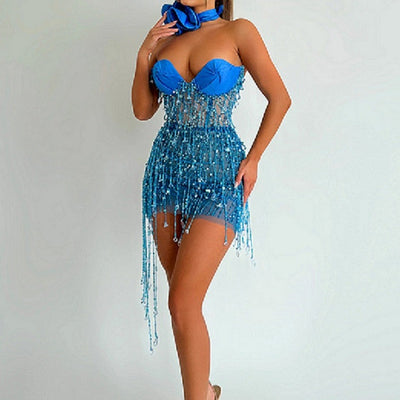 Hot FAshionista Rita Strapless Sequins Fringe Chain Tassel Mini Dress