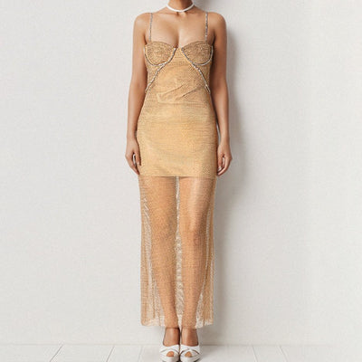 Hot Fashionista Rowdy Strappy Crystal Embellished Fishnet Maxi Dress