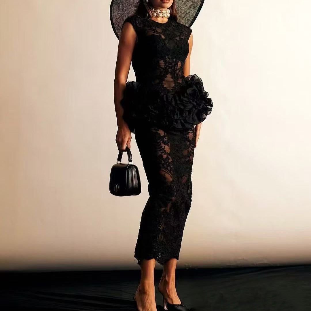 Saphira Floral Detailed Sheer Ruffle Midi Dress - Hot fashionista