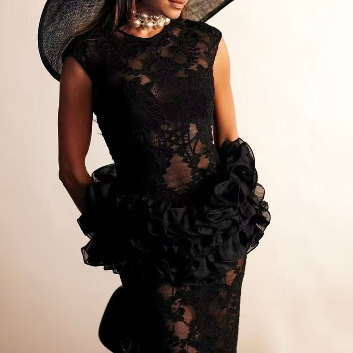 Saphira Floral Detailed Sheer Ruffle Midi Dress - Hot fashionista