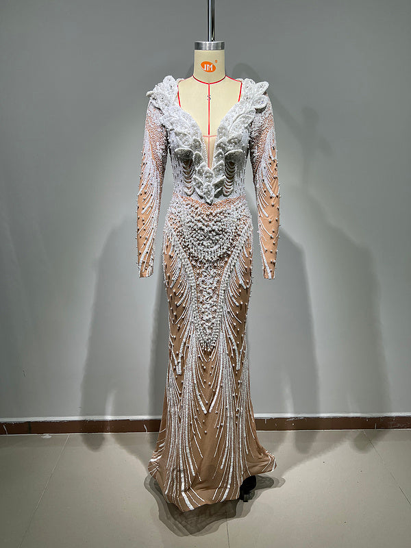 Toni Long Sleeve Pear Beaded Sequin Maxi Dress - Hot fashionista
