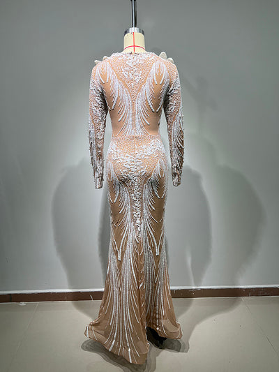 Toni Long Sleeve Pear Beaded Sequin Maxi Dress - Hot fashionista