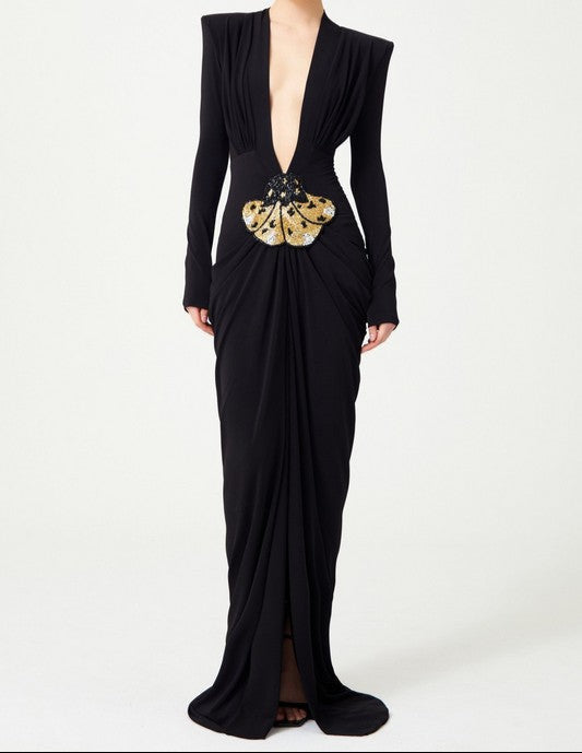 Vaila Golden Floral Embroidered V-Neck Maxi Dress - Hot fashionista