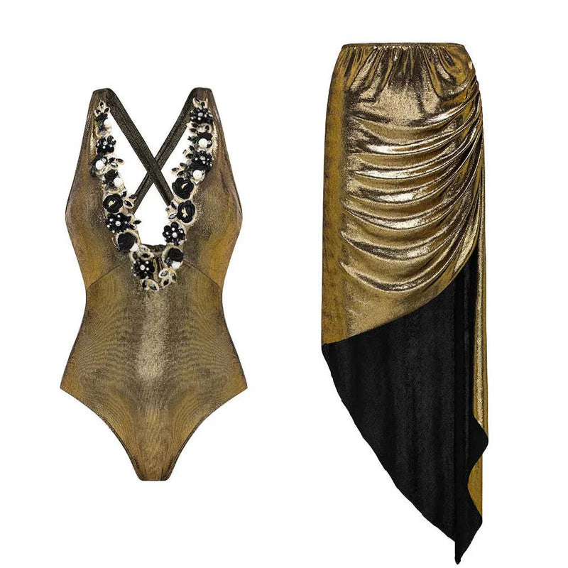 Yara Metallic Embroidery Swimsuit & Midi Skirt Coord Set - Hot fashionista