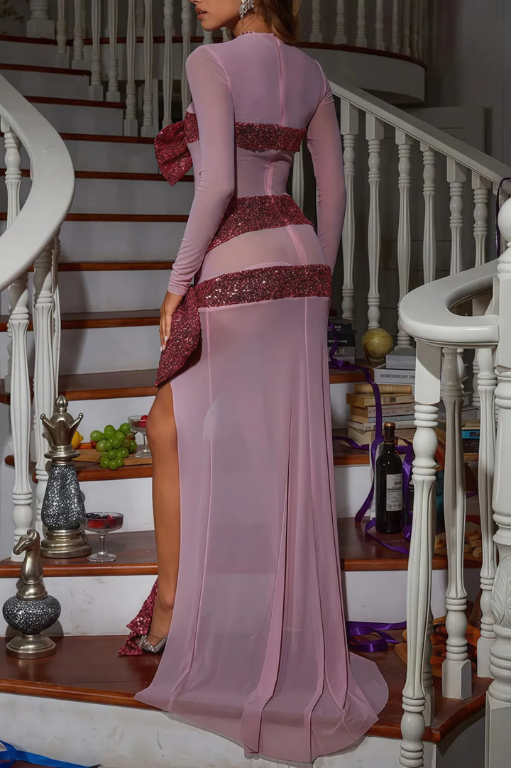 Zenia Long Sleeve Bow Sequin Maxi Dress - Hot fashionista