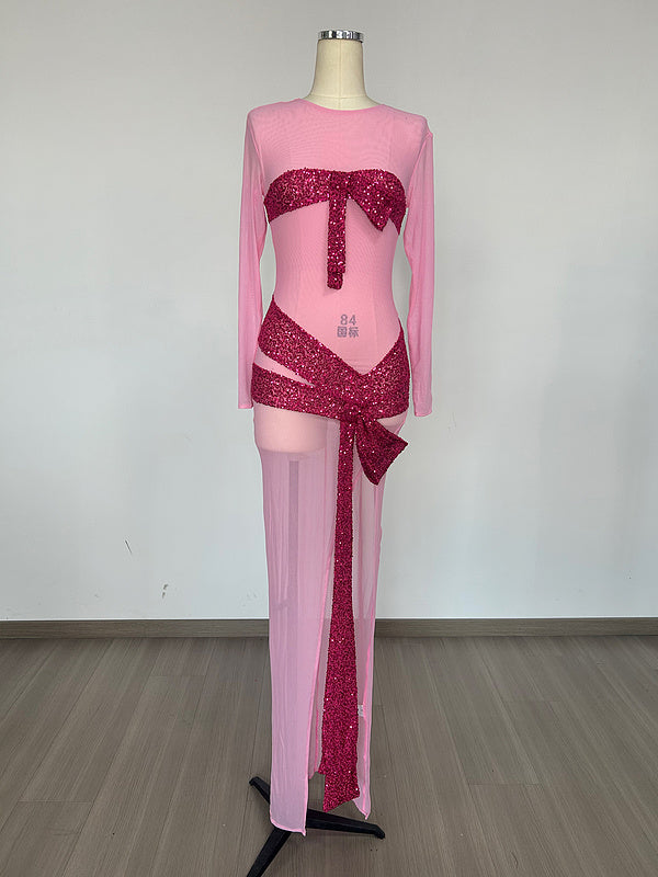 Zenia Long Sleeve Bow Sequin Maxi Dress - Hot fashionista