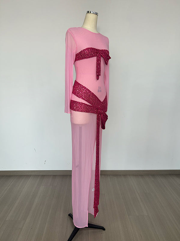 Zenia Long Sleeve Bow Sequin Maxi Dress - Hot fashionista