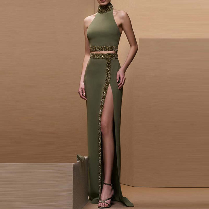 Zyla Beaded Diamond Crop Top & Split Maxi Skirt Set - Hot fashionista