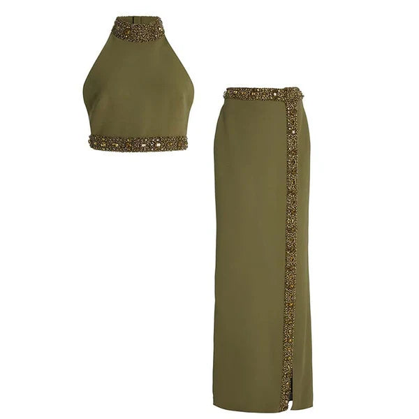 Zyla Beaded Diamond Crop Top & Split Maxi Skirt Set - Hot fashionista