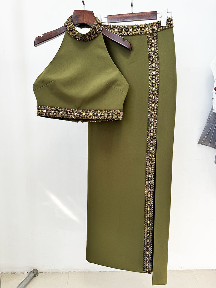 Zyla Beaded Diamond Crop Top & Split Maxi Skirt Set - Hot fashionista