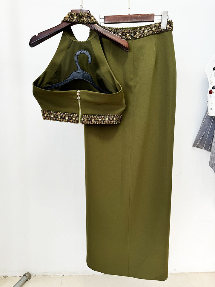 Zyla Beaded Diamond Crop Top & Split Maxi Skirt Set - Hot fashionista