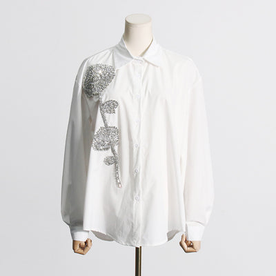HOT FASHIONISTA Jewell Rhinestone Flower Stand Collar Long Shirt