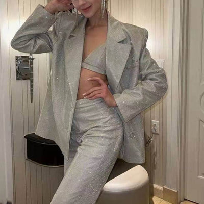 Ellie 3pcs Glitter Silver Party Piece Pants Set, Blazer Matching Sets - Hot fashionista