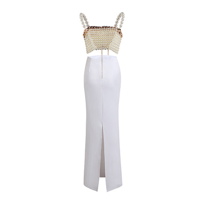 Abby Beaded Pearl Crop Top with White Silk Skirt - Hot fashionista