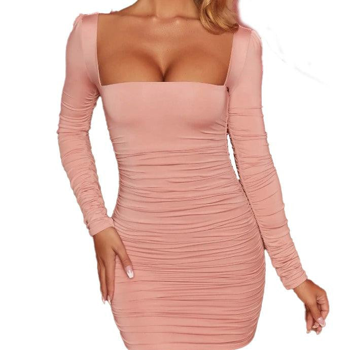 Hot Fashionista Andrea Long Sleeve Square Neck Ruched Mini Dress