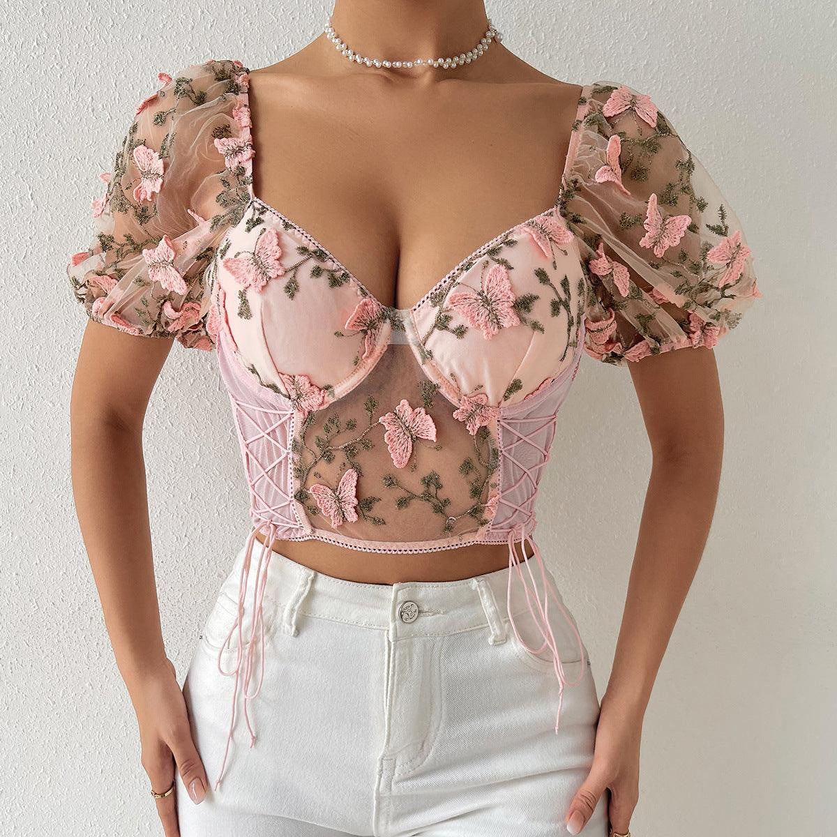 Hot Fashionista Bailey Butterfly See Through Drawstring Corset Top